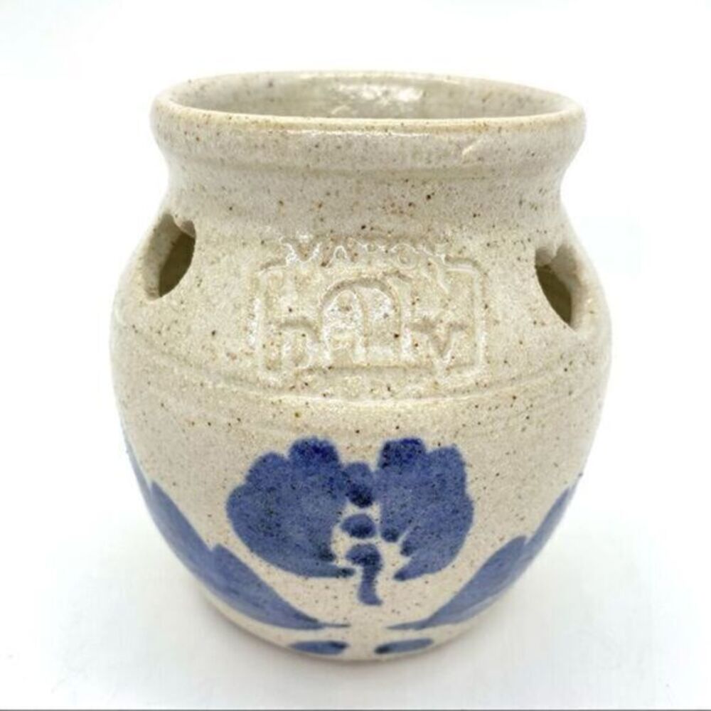 Vintage Mahon Stoneware Pottery Small Crock Hearts Blue Floral